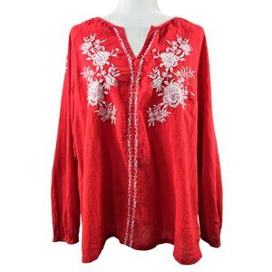Talbots 100% Cotton Red Crinkle Gauze Floral Embroidered Popover Blouse Boho